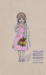 alte Geburtstagskarte, Mädchen, Jugendstil, Blumen, 1903