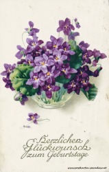 Geburtstagsgrüße,Postkarte Blumenschale violett1924